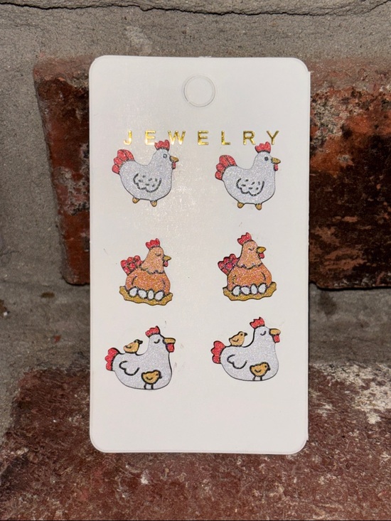 Jewelry - Chicken Themed Stud Earring Set -Hens Chicks Rooster Fun Novelty 3 Set Bundle